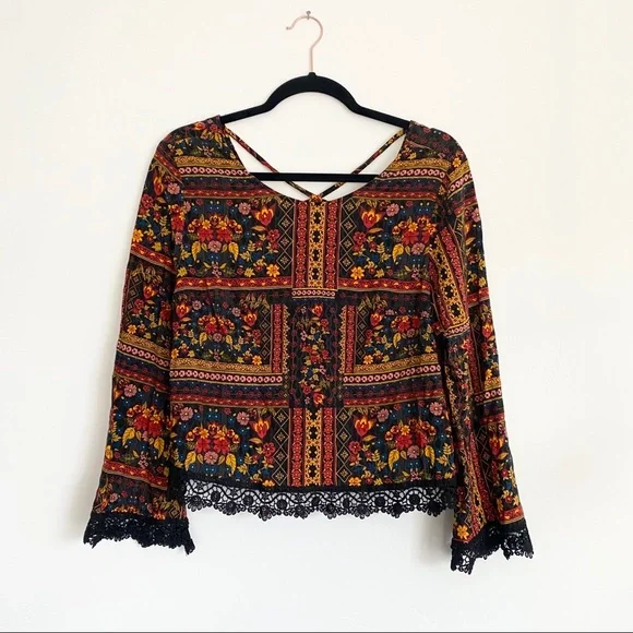 H&M Coachella Floral Flowy Boho Lace Trim Bell-Sleeve Long Sleeve Strappy Shirt - Picture 2 of 9